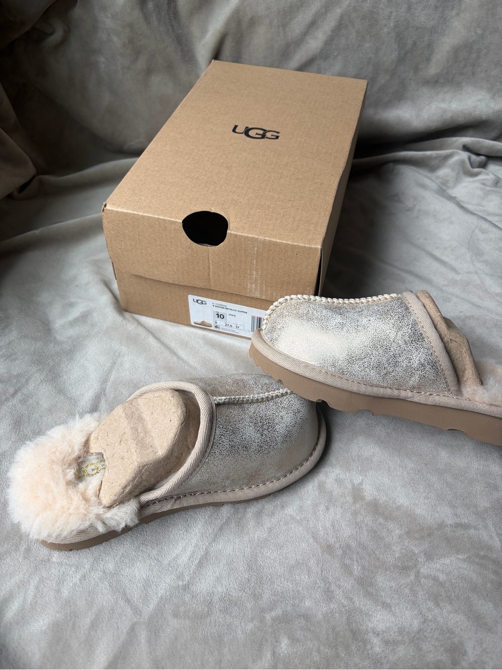 UGG Kids Metallic Keegan gold Plush Slippers